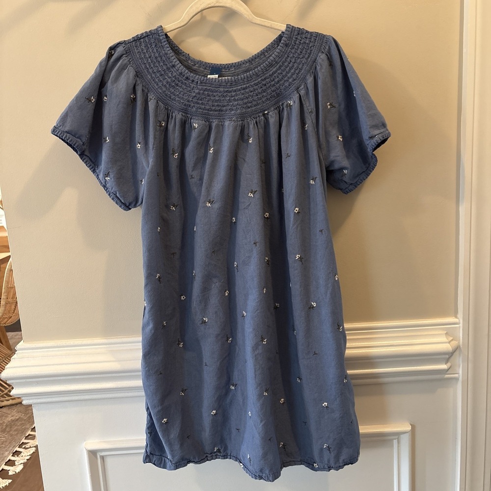Smocked Neck Womens Blue Cotton Flower Cottagecore dress Large